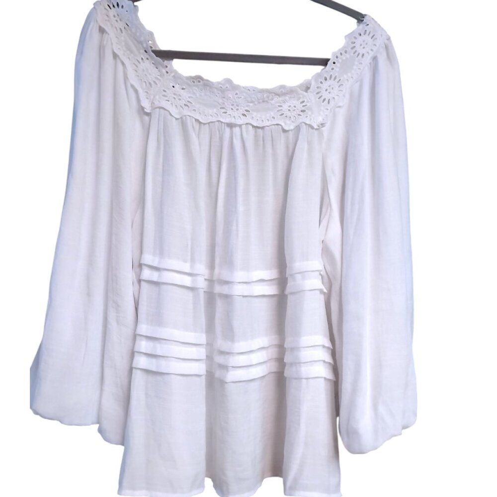Women's White Peasant Blouse with Lace Yoke